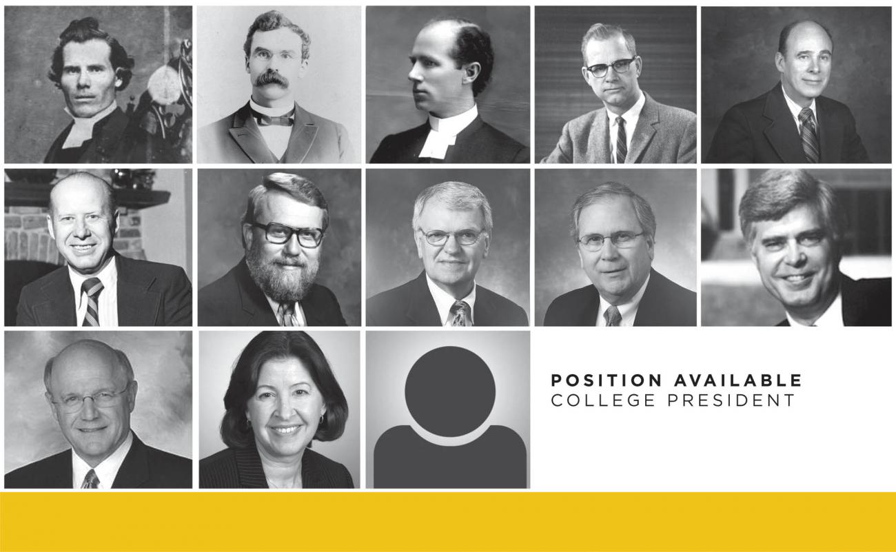 A group of photos of previous college presidents, current president Rebecca Bergman, and a space for a new photo.