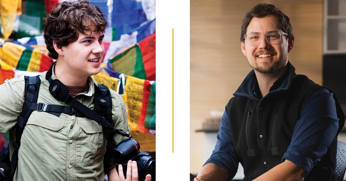 Two photos of the same man, one with a camera when he is in his 20s, one in a chair when he is in his 30s