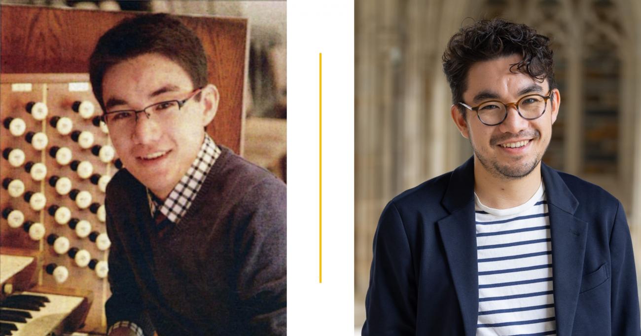 A young man in two stages of his life, as a college student and as a young professional. 