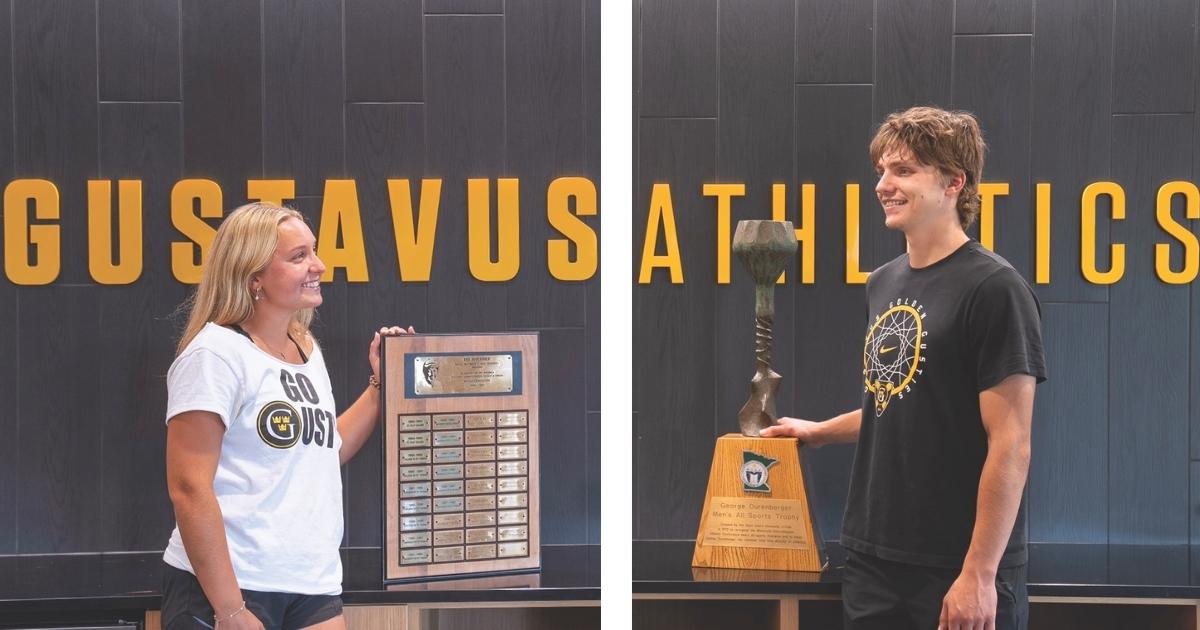 Two college athletes, one woman, one man, and their trophies. 