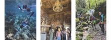 Students in study away experiences shown diving, hiking, and touring a fancy home.
