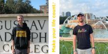 A young man stands in front of the Gustavus Adolphus sign, and later in front of a fountain.