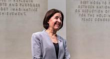 Gustavus Adolphus College President Rebecca Bergman in the Nobel Hall of Science looks to the future. 