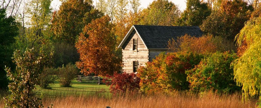 A contemporary fall scene with an 1800s cabin. 