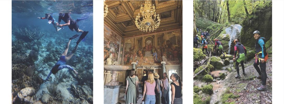 Students in study away experiences shown diving, hiking, and touring a fancy home.